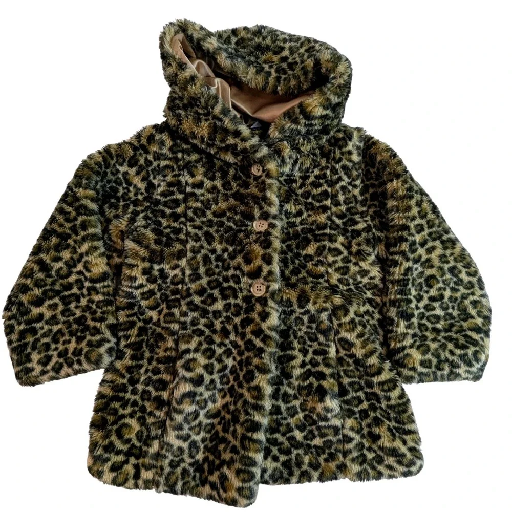 OshKosh B'gosh‎ Girls Faux Fur Leopard Print Hooded Coat Jacket Brown Size 6X